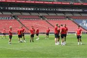 28 September 2024; Ulster players before the United Rugby Championship match between Emirates Lions and Ulster at Emirates Airline Park in Johannesburg, South Africa. Photo by Shaun Roy/Sportsfile