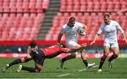 28 September 2024; Nick Timoney of Ulster is tackled by Ruan Venter of Emirates Lions during the United Rugby Championship match between Emirates Lions and Ulster at Emirates Airline Park in Johannesburg, South Africa. Photo by Shaun Roy/Sportsfile