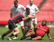 28 September 2024; Sean Reffell of Ulster is tackled by Francke Horn of Emirates Lions during the United Rugby Championship match between Emirates Lions and Ulster at Emirates Airline Park in Johannesburg, South Africa. Photo by Shaun Roy/Sportsfile