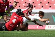 28 September 2024; Aidan Morgan of Ulster dives over to score his side's second try during the United Rugby Championship match between Emirates Lions and Ulster at Emirates Airline Park in Johannesburg, South Africa. Photo by Shaun Roy/Sportsfile