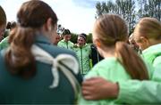 28 September 2024; The Republic of Ireland team, including Grace Ehinger, centre, huddle before the women's U17 international friendly match between Republic of Ireland and Cymru at the AUL Complex in Clonsaugh, Dublin. Photo by Shauna Clinton/Sportsfile