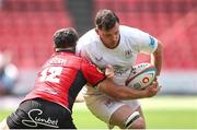 28 September 2024; Sean Reffell of Ulster is tackled by Rynhardt Jonker of Emirates Lions during the United Rugby Championship match between Emirates Lions and Ulster at Emirates Airline Park in Johannesburg, South Africa. Photo by Shaun Roy/Sportsfile