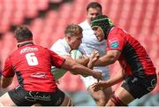 28 September 2024; Stewart Moore of Ulster attempts to get past Jarod Cairns and Ruan Venter of Emirates Lions during the United Rugby Championship match between Emirates Lions and Ulster at Emirates Airline Park in Johannesburg, South Africa. Photo by Shaun Roy/Sportsfile
