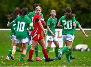 28 September 2024; Madison McGuane of Republic of Ireland, second from right, celebrates with team-mates after scoring her side's second goal during the women's U17 international friendly match between Republic of Ireland and Cymru at the AUL Complex in Clonsaugh, Dublin. Photo by Shauna Clinton/Sportsfile