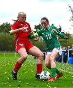 28 September 2024; Ella Kelly of Republic of Ireland in action against Emily Ingram of Cymru during the women's U17 international friendly match between Republic of Ireland and Cymru at the AUL Complex in Clonsaugh, Dublin.
