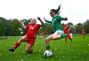 28 September 2024; Ella Kelly of Republic of Ireland in action against Emily Ingram of Cymru during the women's U17 international friendly match between Republic of Ireland and Cymru at the AUL Complex in Clonsaugh, Dublin.