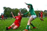 28 September 2024; Ella Kelly of Republic of Ireland in action against Emily Ingram of Cymru during the women's U17 international friendly match between Republic of Ireland and Cymru at the AUL Complex in Clonsaugh, Dublin.