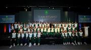 13 September 2024; Team Ireland athletes pose for a photograph during the Team Ireland homecoming at the Dublin Castle Printworks in Dublin. Photo by David Fitzgerald/Sportsfile