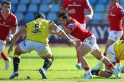 28 September 2024; Thaakir Abrahams of Munster in action against Tommaso Di Bartolomeo of Zebre Parma during the United Rugby Championship match between Zebre Parma and Munster at Stadio Sergio Lanfranchi in Parma, Italy. Photo by Roberto Bregani/Sportsfile
