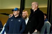 27 September 2024; Dan Sheehan of Leinster, left, and former Leinster player Devin Toner during the United Rugby Championship match between Leinster and Dragons at the Aviva Stadium in Dublin. Photo by Brendan Moran/Sportsfile