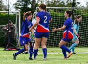 28 September 2024; Jesslyn Kuhnel of USA, 10, celebrates after scoring his side's first goal during the Cerebal Palsy women's international series match between Ireland and USA at the AUL Complex in Dublin. Photo by Shauna Clinton/Sportsfile