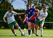 28 September 2024; Cassidy Leake of USA in action against Katie Finnegan, left, and Heather Jameson of Ireland during the Cerebal Palsy women's international series match between Ireland and USA at the AUL Complex in Dublin. Photo by Shauna Clinton/Sportsfile