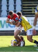 28 September 2024;  Shane Daly of Munster in action against Davide Ruggeri of Zebre Parma during the United Rugby Championship match between Zebre Parma and Munster at Stadio Sergio Lanfranchi in Parma, Italy. Photo by Roberto Bregani/Sportsfile