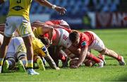 28 September 2024;  Ruadhán Quinn of Munster pushes in a scrum during the United Rugby Championship match between Zebre Parma and Munster at Stadio Sergio Lanfranchi in Parma, Italy. Photo by Roberto Bregani/Sportsfile