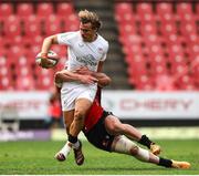 28 September 2024; Aidan Morgan of Ulster  is tackled by Henco van Wyk of Emirates Lions during the United Rugby Championship match between Emirates Lions and Ulster at Emirates Airline Park in Johannesburg, South Africa. Photo by Shaun Roy/Sportsfile