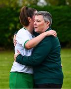 28 September 2024; Ireland assistant manager Irene Hehir hugs captain Heather Jameson after their side's defeat in the Cerebal Palsy women's international series match between Ireland and USA at the AUL Complex in Dublin. Photo by Shauna Clinton/Sportsfile