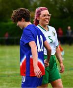 28 September 2024; Aíne Monk of Ireland and Jesslyn Kuhnel of USA shake hands after the Cerebal Palsy women's international series match between Ireland and USA at the AUL Complex in Dublin. Photo by Shauna Clinton/Sportsfile