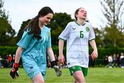 28 September 2024; Ireland players Katie Finnegan, right, and Reeva Merriman dejected after their side's defeat in the Cerebal Palsy women's international series match between Ireland and USA at the AUL Complex in Dublin. Photo by Shauna Clinton/Sportsfile
