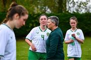 28 September 2024; Ireland assistant manager Irene Hehir hugs captain Heather Jameson after their side's defeat in the Cerebal Palsy women's international series match between Ireland and USA at the AUL Complex in Dublin. Photo by Shauna Clinton/Sportsfile