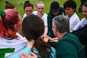 28 September 2024; Ireland encourage one another in a group huddle after their side's defeat in the Cerebal Palsy women's international series match between Ireland and USA at the AUL Complex in Dublin. Photo by Shauna Clinton/Sportsfile