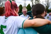 28 September 2024; Casey Keaney of Ireland in a group huddle after their side's defeat in the Cerebal Palsy women's international series match between Ireland and USA at the AUL Complex in Dublin. Photo by Shauna Clinton/Sportsfile