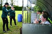28 September 2024; Ireland head coach Aisling Conway, left, speaks to her team at half-time during the Cerebal Palsy women's international series match between Ireland and USA at the AUL Complex in Dublin. Photo by Shauna Clinton/Sportsfile