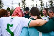 28 September 2024; Ireland head coach Aisling Conway, left, speaks to her team after their side's defeat in the Cerebal Palsy women's international series match between Ireland and USA at the AUL Complex in Dublin. Photo by Shauna Clinton/Sportsfile