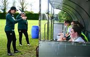 28 September 2024; Ireland head coach Aisling Conway, left, speaks to her team at half-time during the Cerebal Palsy women's international series match between Ireland and USA at the AUL Complex in Dublin. Photo by Shauna Clinton/Sportsfile