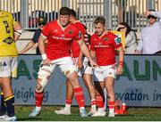 28 September 2024;  Jack O’Donoghue of Munster, left, and Craig Casey of Munster during the United Rugby Championship match between Zebre Parma and Munster at Stadio Sergio Lanfranchi in Parma, Italy. Photo by Roberto Bregani/Sportsfile