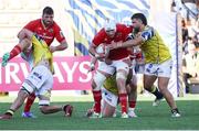 28 September 2024;  Fineen Wycherley of Munster in action against Juan Pitinari of Zebre Parma during the United Rugby Championship match between Zebre Parma and Munster at Stadio Sergio Lanfranchi in Parma, Italy. Photo by Roberto Bregani/Sportsfile