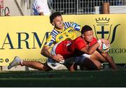 28 September 2024; Shay McCarthy of Munster scores a try during the United Rugby Championship match between Zebre Parma and Munster at Stadio Sergio Lanfranchi in Parma, Italy. Photo by Roberto Bregani/Sportsfile