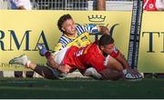 28 September 2024; Shay McCarthy of Munster scores his side's fifth try during the United Rugby Championship match between Zebre Parma and Munster at Stadio Sergio Lanfranchi in Parma, Italy. Photo by Roberto Bregani/Sportsfile
