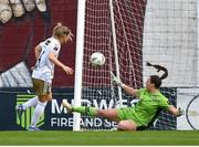 28 September 2024; Kate Mooney of Shelbourne shoots to score her side's first goal past Galway United goalkeeper Jessica Berlin during the SSE Airtricity Women's Premier Division match between Galway United and Shelbourne at Eamonn Deacy Park in Galway. Photo by Stephen McCarthy/Sportsfile