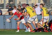 28 September 2024; Craig Casey of Munster gets the ball away  during the United Rugby Championship match between Zebre Parma and Munster at Stadio Sergio Lanfranchi in Parma, Italy. Photo by Roberto Bregani/Sportsfile