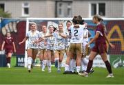28 September 2024; Shelbourne players celebrate after Kate Mooney, centre, scored their first goal during the SSE Airtricity Women's Premier Division match between Galway United and Shelbourne at Eamonn Deacy Park in Galway. Photo by Stephen McCarthy/Sportsfile