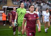 28 September 2024; Galway United captain Jenna Slattery leads her side out for the SSE Airtricity Women's Premier Division match between Galway United and Shelbourne at Eamonn Deacy Park in Galway. Photo by Stephen McCarthy/Sportsfile