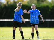 27 September 2024; Emma Sohoel, left, is congratulated by her Denmark team-mate Karen Gunnarsdottir, right, after scoring their side's opening goal during the cerebal palsy women's international series match between Ireland and Denmark at the AUL Complex in Dublin. Photo by Stephen McCarthy/Sportsfile