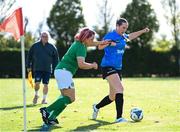 27 September 2024; Sara Hogh of Denmark and Aíne Monk of Ireland during the cerebal palsy women's international series match between Ireland and Denmark at the AUL Complex in Dublin. Photo by Stephen McCarthy/Sportsfile