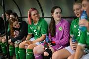 27 September 2024; Ireland's Aíne Monk, 5, and goalkeeper Reeva Merriman at half-time of the cerebal palsy women's international series match between Ireland and Denmark at the AUL Complex in Dublin. Photo by Stephen McCarthy/Sportsfile