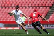 28 September 2024; Ethan McIlroy of Ulster attempts to get past Francke Horn of Emirates Lions during the United Rugby Championship match between Emirates Lions and Ulster at Emirates Airline Park in Johannesburg, South Africa. Photo by Shaun Roy/Sportsfile