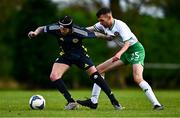 28 September 2024; Jon McFarlane of Scotland in action against Dylan Sheridan of Ireland during the Cerebal Palsy men's international series match between Ireland and Scotland at the AUL Complex in Dublin. Photo by Shauna Clinton/Sportsfile