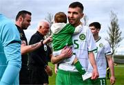28 September 2024; Dylan Sheridan of Ireland lines up to shake hands with match officials before the Cerebal Palsy men's international series match between Ireland and Scotland at the AUL Complex in Dublin. Photo by Shauna Clinton/Sportsfile