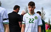 28 September 2024; Warren Morrissey of Ireland lines up to shake hands with match officials before the Cerebal Palsy men's international series match between Ireland and Scotland at the AUL Complex in Dublin. Photo by Shauna Clinton/Sportsfile