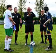 28 September 2024; Ireland captain Joseph Markey and Scotland captain Jon McFarlane look on during the coin toss before the Cerebal Palsy men's international series match between Ireland and Scotland at the AUL Complex in Dublin. Photo by Shauna Clinton/Sportsfile