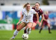 28 September 2024; Maggie Pierce of Shelbourne in action against Emily Kavanaugh of Galway United during the SSE Airtricity Women's Premier Division match between Galway United and Shelbourne at Eamonn Deacy Park in Galway. Photo by Stephen McCarthy/Sportsfile