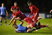 28 September 2024; Max Mason of UCD in action against Gareth McElroy of Sligo Rovers during the EA SPORTS MU20 League of Ireland Enda McGuill Cup final match between UCD and Sligo Rovers at UCD Bowl in Belfield, Dublin. Photo by David Fitzgerald/Sportsfile