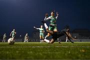 28 September 2024; Maria Reynolds of Shamrock Rovers in action against Brenda Ebika Tabe of Athlone Town during the SSE Airtricity Women's Premier Division match between Athlone Town and Shamrock Rovers at Athlone Town Stadium in Westmeath. Photo by Stephen McCarthy/Sportsfile