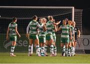 28 September 2024; Áine O'Gorman, right, celebrates with her Shamrock Rovers team-mates after scoring their side's first goal during the SSE Airtricity Women's Premier Division match between Athlone Town and Shamrock Rovers at Athlone Town Stadium in Westmeath. Photo by Stephen McCarthy/Sportsfile