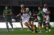 28 September 2024; Jordan Hendrikse of Hollywoodbets Sharks is tackled by Mack Hansen of Connacht during the United Rugby Championship match between Connacht and Hollywoodbets Sharks at Dexcom Stadium in Galway. Photo by Tyler Miller/Sportsfile