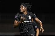 28 September 2024; Brenda Ebika Tabe of Athlone Town celebrates after scoring her side's first goal during the SSE Airtricity Women's Premier Division match between Athlone Town and Shamrock Rovers at Athlone Town Stadium in Westmeath. Photo by Stephen McCarthy/Sportsfile